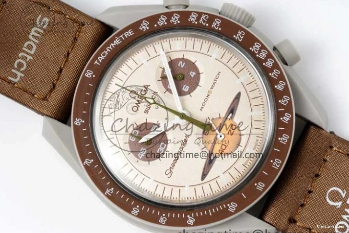0427 Speedmaster Misson To Saturn 1:1 Best Edition Beige Dial On Nylon Strap Quartz Casual 7861